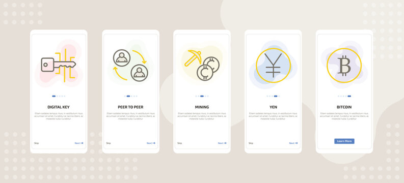 onboarding screen template for crypto mobile app ui with digital key, peer to peer, mining, yen, bitcoin icons.