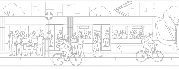Obraz premium Black and white line art illustration depicting busy urban multimodal transportation featuring passengers waiting near a modern streetcar and active cyclists commuting outdoors.