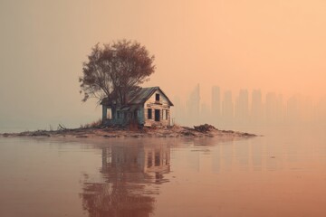 Obraz premium Impact of climate change on abandoned homes in flooded areas near urban landscapes at sunrise