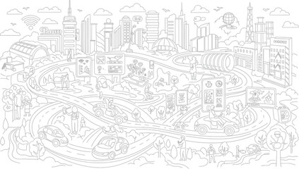 Fototapeta premium Detailed line art illustration depicting a futuristic smart city environment showcasing advanced interconnected technology autonomous vehicles and digital information displays everywhere