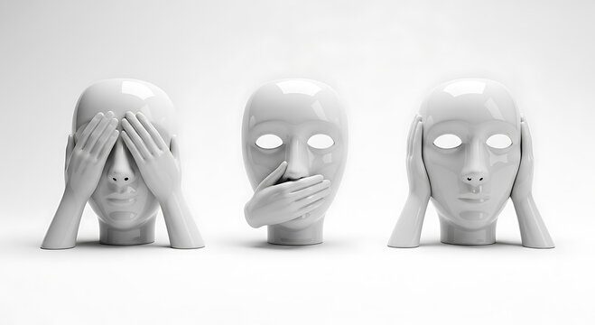 Three white ceramic masks depicting see no evil, hear no evil, speak no evil on a plain background.