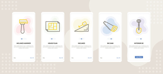 onboarding screen template for construction mobile app ui with inclined hammer, house plan, inclined, big saw, interior de icons.