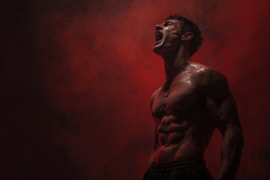 Striking pose of a muscular man expressing raw energy and passion in a dramatic red-lit environment during a powerful moment of online training session