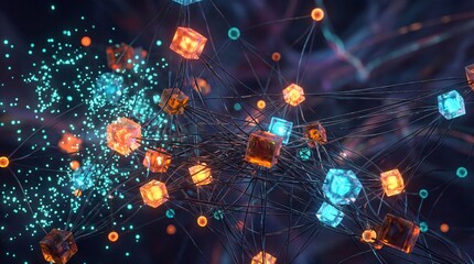 Abstract digital neural network with glowing orange and blue interconnected cubes and dynamic data flow particles in a dark high tech environment