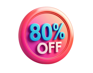 3D Rendered 80 Percent Off Sale Discount Badge with Pink and Red Colors graphic isolated on a transparent background