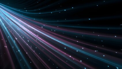 Curving streaks of turquoise and magenta light flow across a dark background with sparkling particles suggesting data transfer or movement