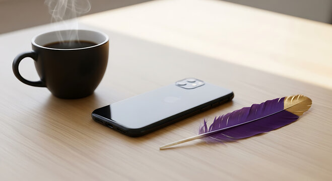 Mornings with a cup of coffee and a mardi backdrop feather on the table