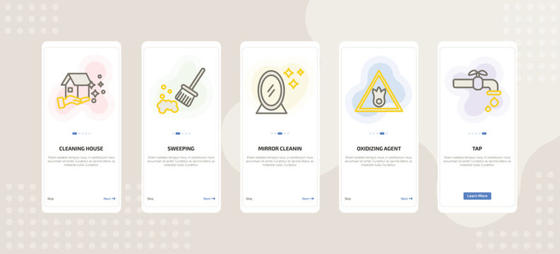 onboarding screen template for cleaning mobile app ui with cleaning house, sweeping, mirror cleanin, oxidizing agent, tap icons.