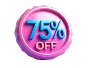 3D Rendered Pink and Purple 75 Percent Off Discount Symbol with Blue Text sale percentage isolated on a transparent background