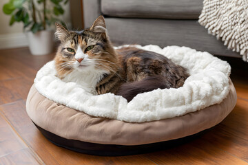 Cat sleeping comfortably in cozy bed at home during afternoon