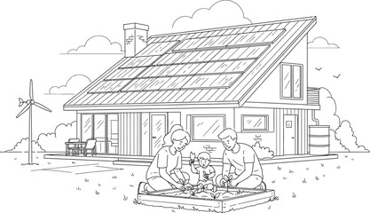 Fototapeta premium Family enjoys gardening outside their modern sustainable home featuring solar panels a small wind turbine and rainwater collection systems for green living