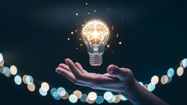 A digital composite photograph of a human hand holding a glowing lightbulb surrounded by floating coins