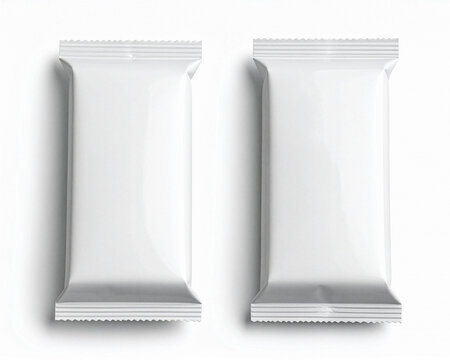 two blank white chocolate bar foil packs isolated on white background
