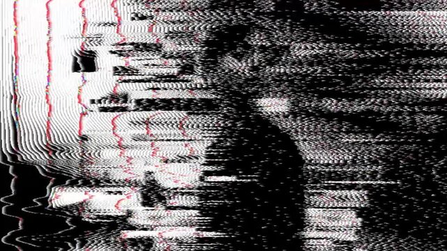 Abstract digital art depicting a glitched human silhouette with distorted data streams and red waveform patterns, creating a sense of cybernetic disruption and visual noise.