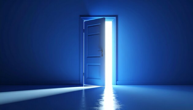"Partially open door in dark room, beams of light create dramatic mysterious atmosphere."