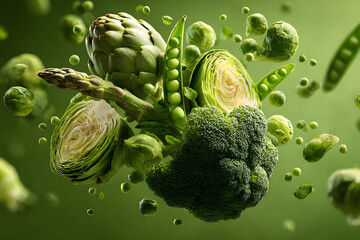 Obraz premium Fresh green vegetables floating in mid-air on a vibrant green background showcasing nature's bounty