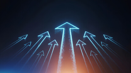 Glowing blue arrows pointing upwards with radiant trails against a dark background with orange light