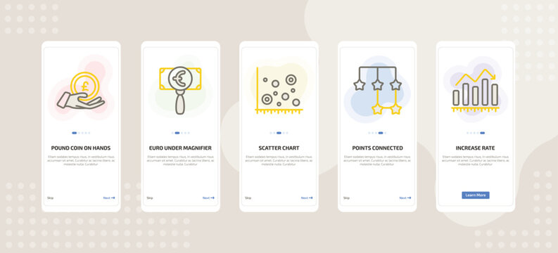 onboarding screen template for business mobile app ui with pound coin on hands, euro under magnifier, scatter chart, points connected chart, increase rate icons.