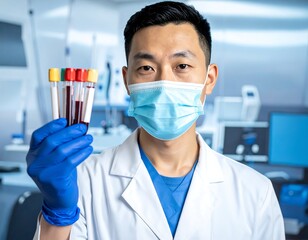 A medical professional in a lab setting holding test tubes