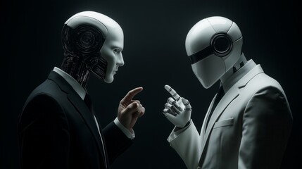 Two advanced humanoid robots in business suits confronting each other, forefingers touching, in a dramatic, high-contrast studio lighting with a dark, enigmatic background, signifying AI int