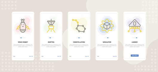 onboarding screen template for astronomy mobile app ui with space robot, dioptra, constellation, simulator, lander icons. © Farahim