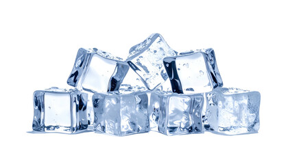 A pile of crystalline, square-shaped frozen water cubes, isolated on a black background