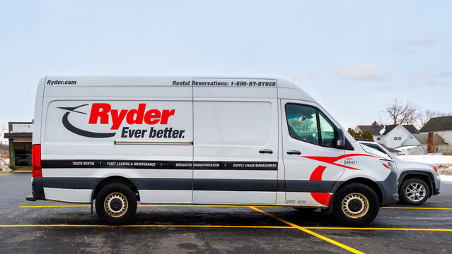 Whitesboro, NY - Jan 12, 2026: Ryder System Inc., a U.S. transportation and logistics company founded in 1933, shown with branded rental van and service offerings in a snowy roadside setting