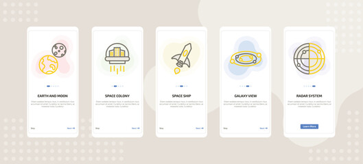 onboarding screen template for astronomy mobile app ui with earth and moon, space colony, space ship, galaxy view, radar system icons. © Farahim