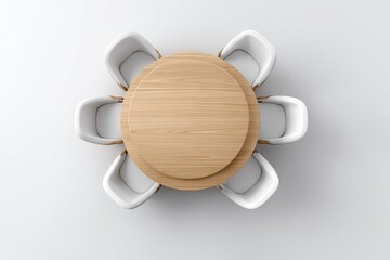 Overhead view of a round wooden table surrounded by six white chairs on a white background
