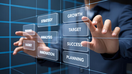 Businessman interacting with virtual strategy and growth interface planning for success and innovation in a futuristic digital environment with target and analysis screens