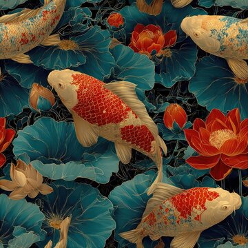 Colorful koi fish swimming among lotus flowers and lush leaves.