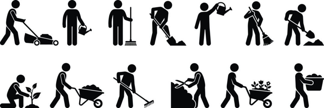 Garden work icons set. showing people planting, watering and yard maintenance