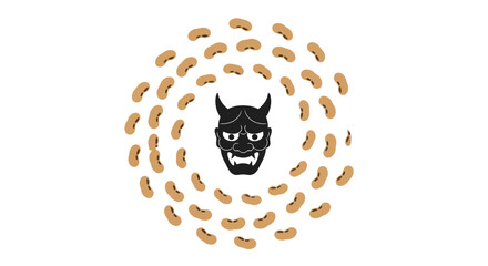 Fototapeta premium Illustration of a Setsubun bean throwing ritual with a character, oni, surrounded by beans in a circular motion on a white background.