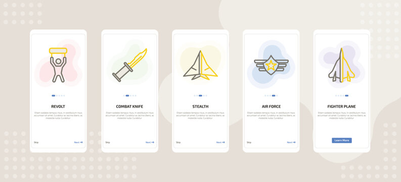 onboarding screen template for military and defense mobile app ui with revolt, combat knife, stealth, air force, fighter plane icons.