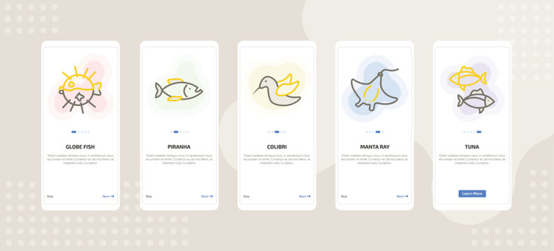 onboarding screen template for animals mobile app ui with globe fish, piranha, colibri, manta ray, tuna icons.