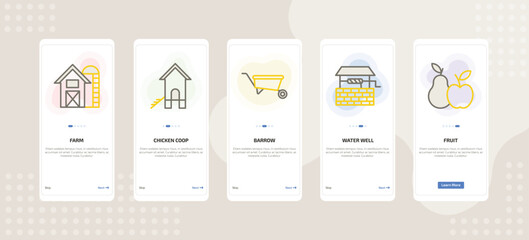 onboarding screen template for farming and gardening mobile app ui with farm, chicken coop, barrow, water well, fruit icons. © Farahim