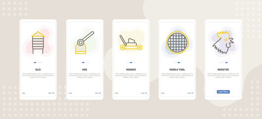 onboarding screen template for farming and gardening mobile app ui with silo, hoe, mower, riddle tool, rooster icons. © Farahim