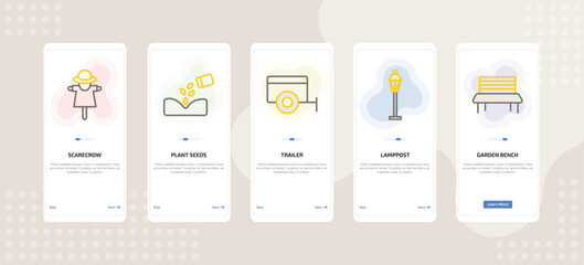 onboarding screen template for farming and gardening mobile app ui with scarecrow, plant seeds, trailer, lamppost, garden bench icons.