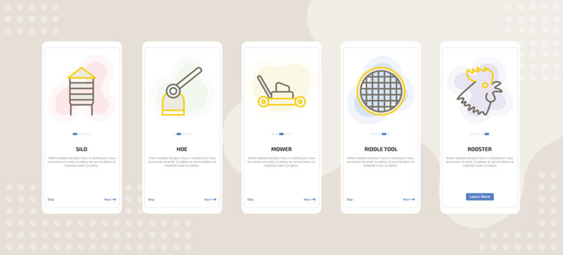 onboarding screen template for farming and gardening mobile app ui with silo, hoe, mower, riddle tool, rooster icons.