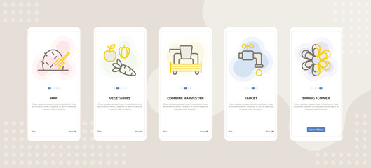 onboarding screen template for farming and gardening mobile app ui with hay, vegetables, combine harvester, faucet, spring flower icons.