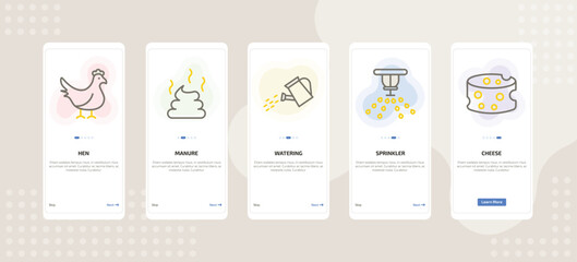 onboarding screen template for farming and gardening mobile app ui with hen, manure, watering, sprinkler, cheese icons.
