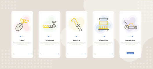 onboarding screen template for farming and gardening mobile app ui with seed, caterpillar, billhook, composter, lawnmower icons.