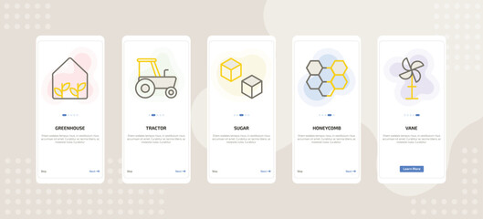 onboarding screen template for farming and gardening mobile app ui with greenhouse, tractor, sugar, honeycomb, vane icons.