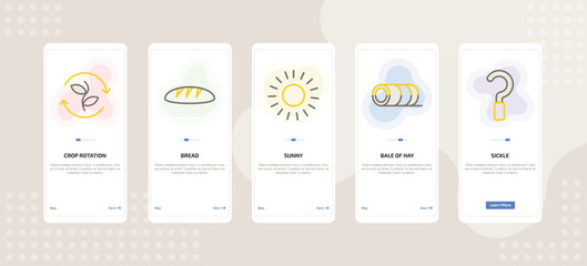 onboarding screen template for farming and gardening mobile app ui with crop rotation, bread, sunny, bale of hay, sickle icons.