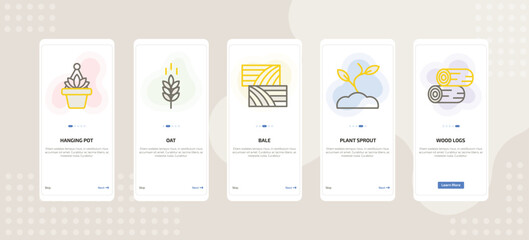 onboarding screen template for farming and gardening mobile app ui with hanging pot, oat, bale, plant sprout, wood logs icons.
