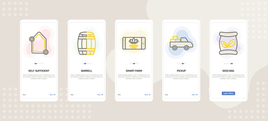 onboarding screen template for farming and gardening mobile app ui with self-sufficient, barrell, smart farm, pickup, seed bag icons.