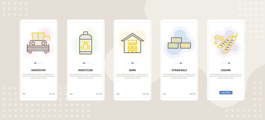 onboarding screen template for farming and gardening mobile app ui with harvester, insecticide, barn, straw bale, legume icons.