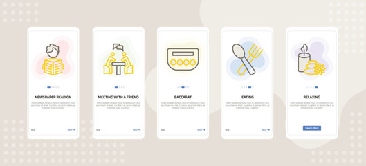 onboarding screen template for daily life activities mobile app ui with newspaper readign, meeting with a friend, baccarat, eating, relaxing icons.