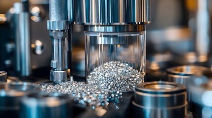 Close-up of metallic alloy samples being analyzed under precision industrial equipment with scattered spherical particles on a dark surface showcasing scientific research and material testing in a