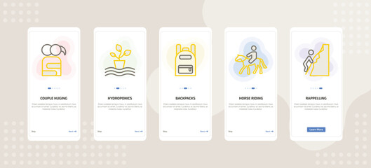 onboarding screen template for daily life activities mobile app ui with couple huging, hydroponics, backpacks, horse riding, rappelling icons.